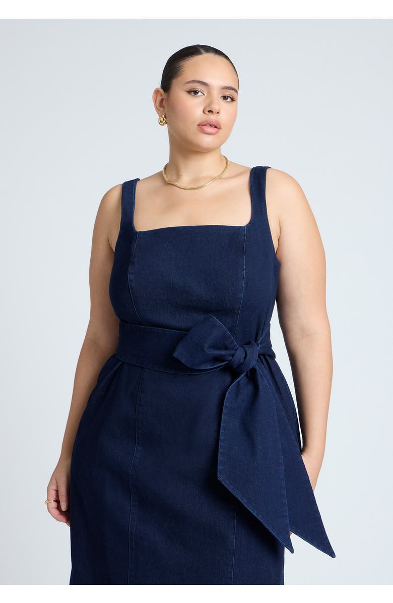 ELOQUII Tie Detail Denim Midi Dress, Alternate, color, Dark Wash