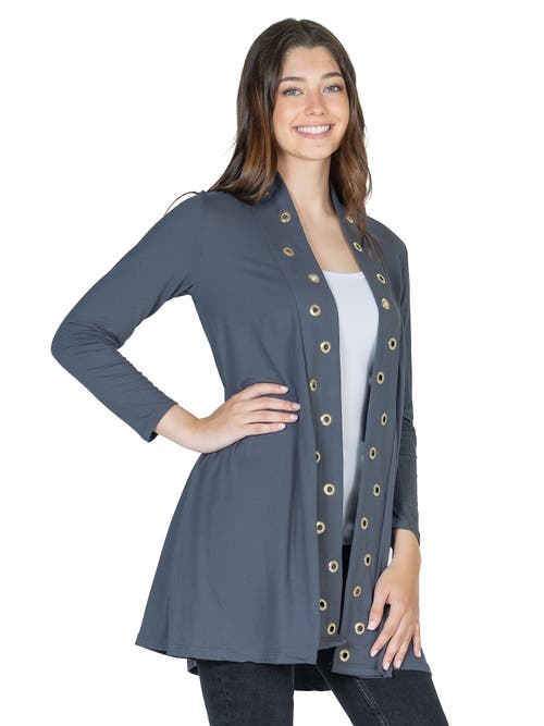 24seven Comfort Apparel Long Sleeve Mid Thigh Open Front Cardigan With Grommet Details In Gray