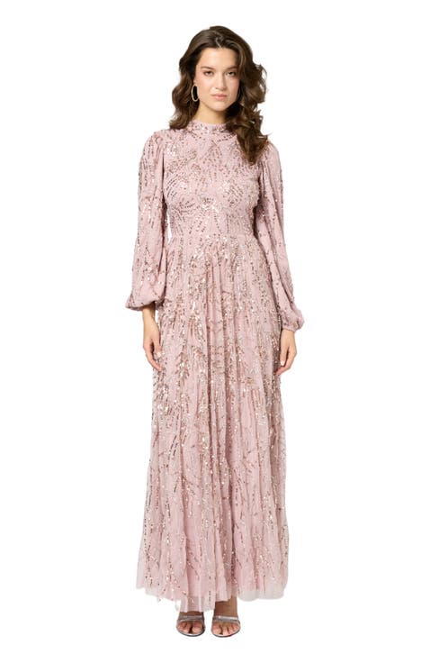 Occasion Modest Embellished Sequin Beaded High Neck Evening Dress