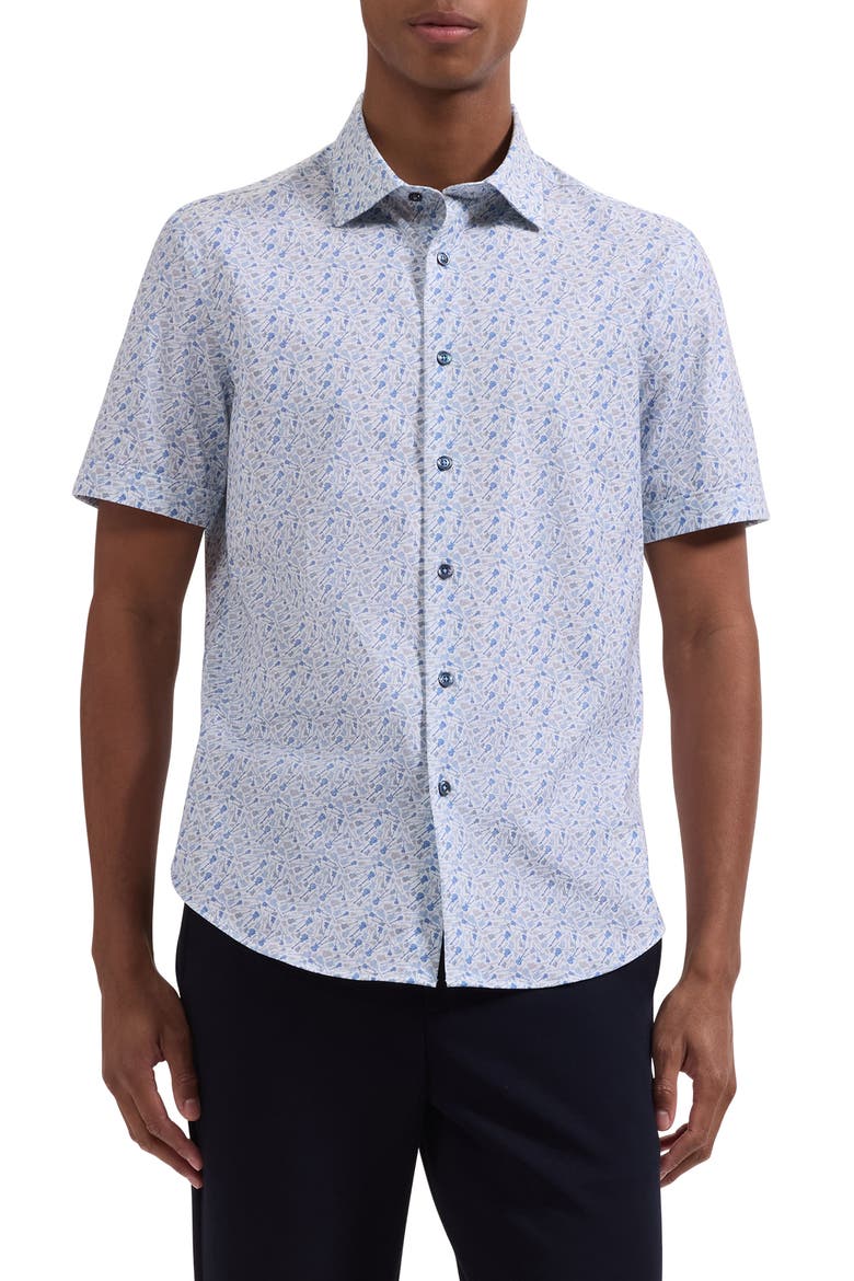 Miles OoohCotton® Guitar Print Short Sleeve Button-Up Shirt, Main, color, PEACOCK