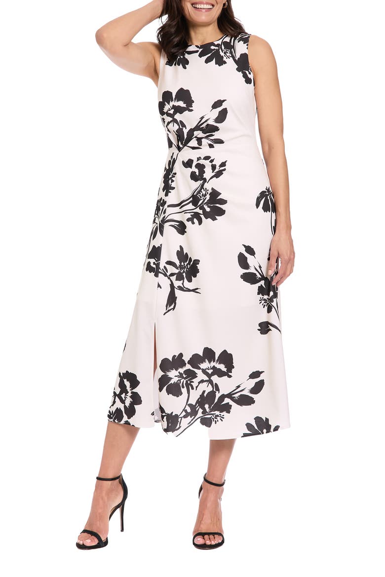 Floral Pleat Waist Midi Dress, Main, color, CREAM/ BLACK