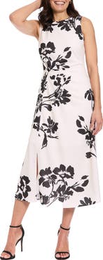 London Times Floral Pleat Waist Midi Dress