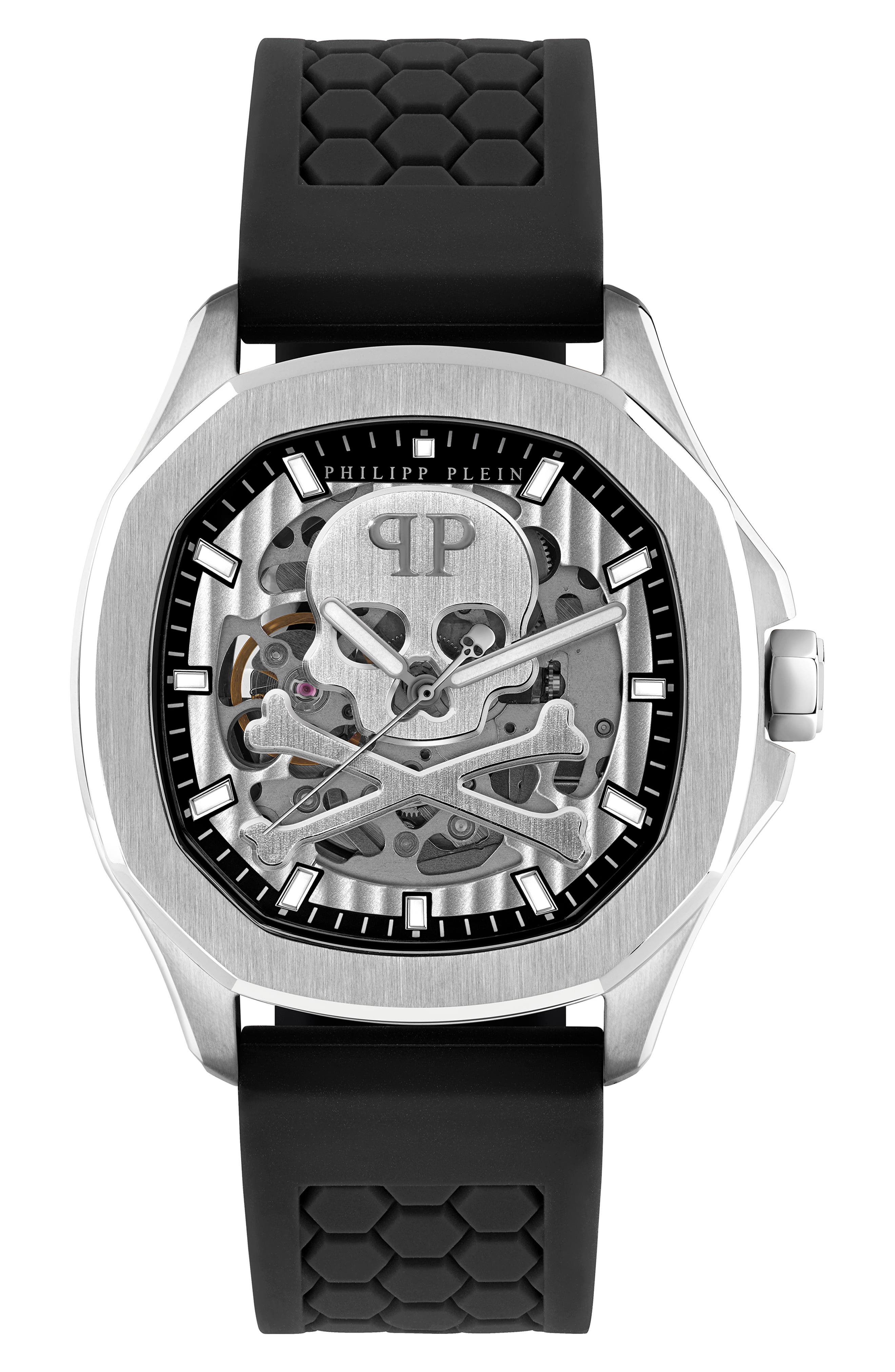 PHILIPP PLEIN Skeleton Spectre Silicone Strap Watch, 42mm