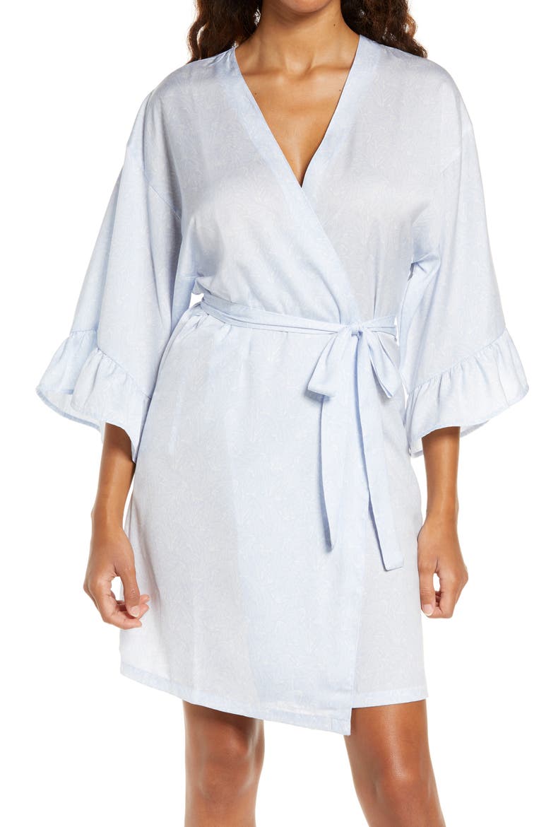 Ruffle Trim Satin Robe, Main, color, BLUE FEATHER SKETCHED STEMS