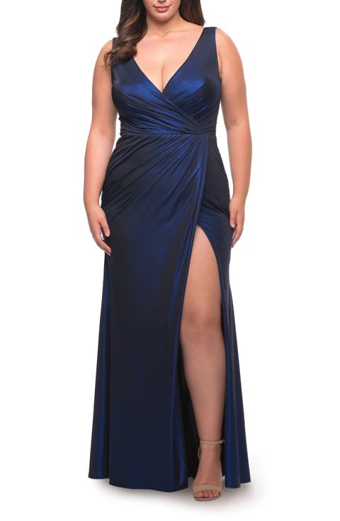 Metallic Jersey Plus Gown with Slit and V Neckline