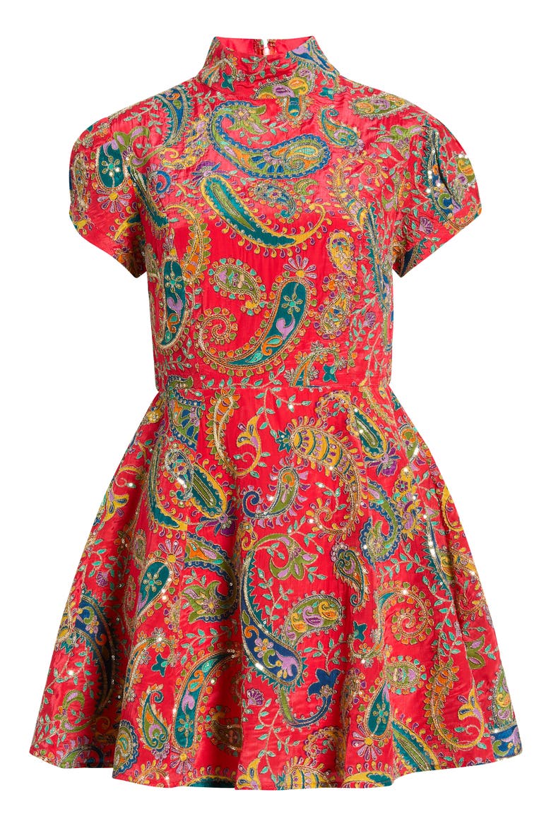 Nour Print Puff Sleeve Silk Minidress, Alternate, color, RED