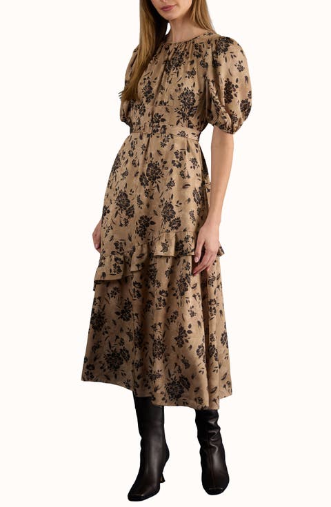 Belted Puff Sleeve Midi Dress