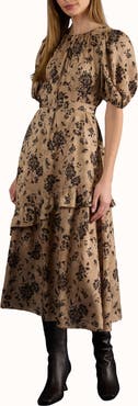 ZOE AND CLAIRE Belted Puff Sleeve Midi Dress