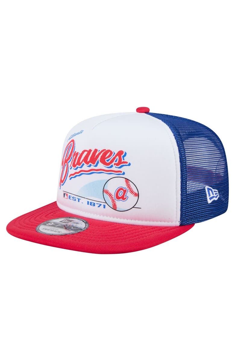 New Era Men's New Era White/Red Atlanta Braves Retro Script Trucker 9FIFTY Snapback Hat, Main, color, 