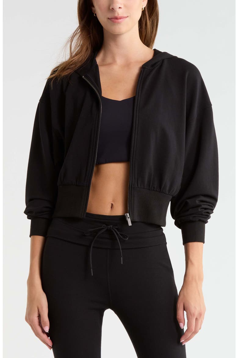 Weekend Stretch Cotton Blend French Terry Hoodie, Main, color, BLACK