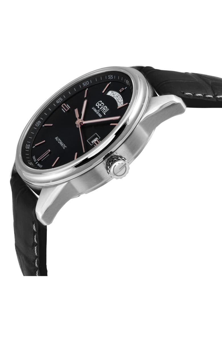 GEVRIL Excelsior Croc Embossed Leather Strap Watch, 42mm, Alternate, color, Black