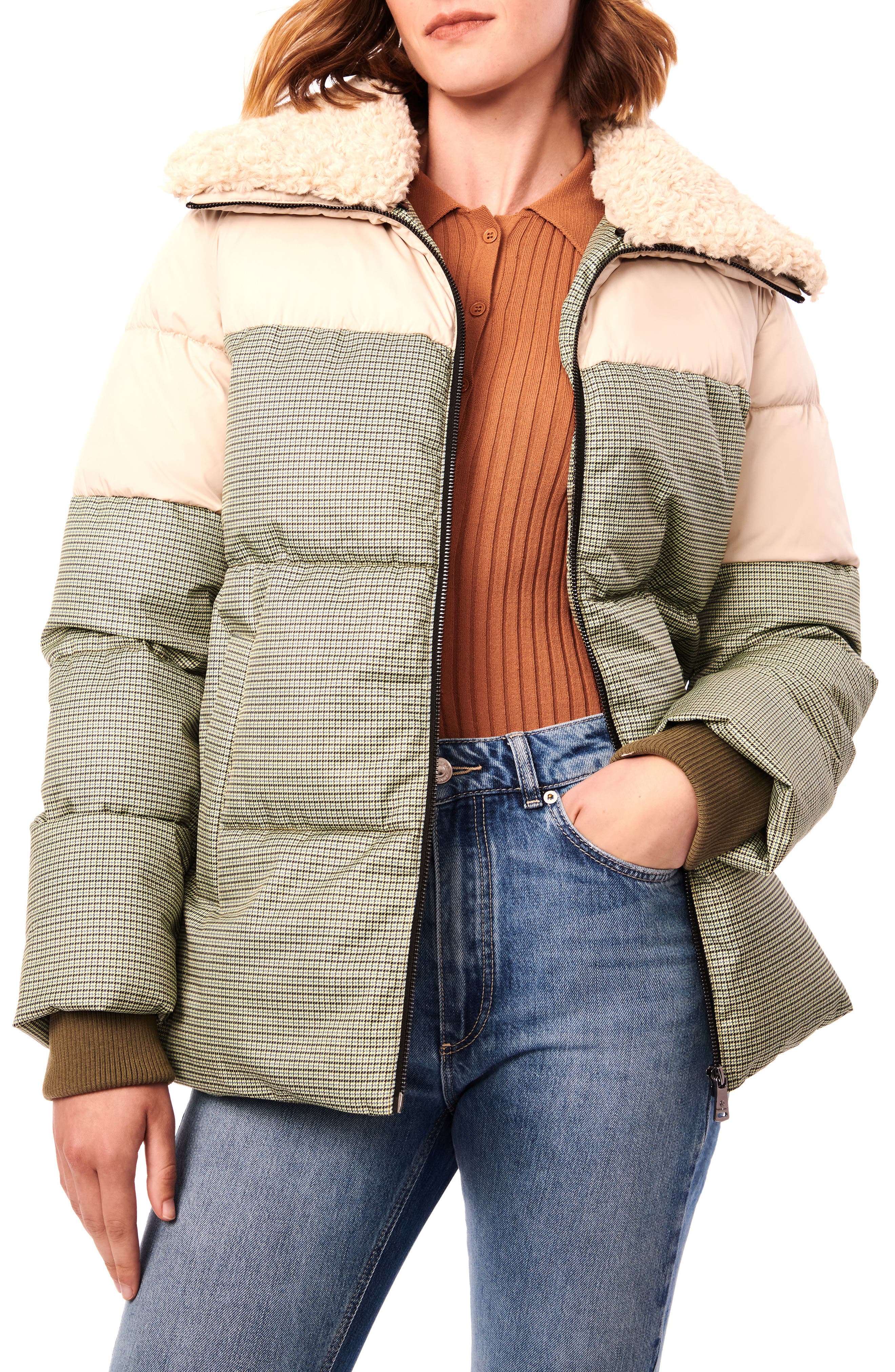 Bernardo Mixed Media Faux Fur Trim Puffer Jacket
