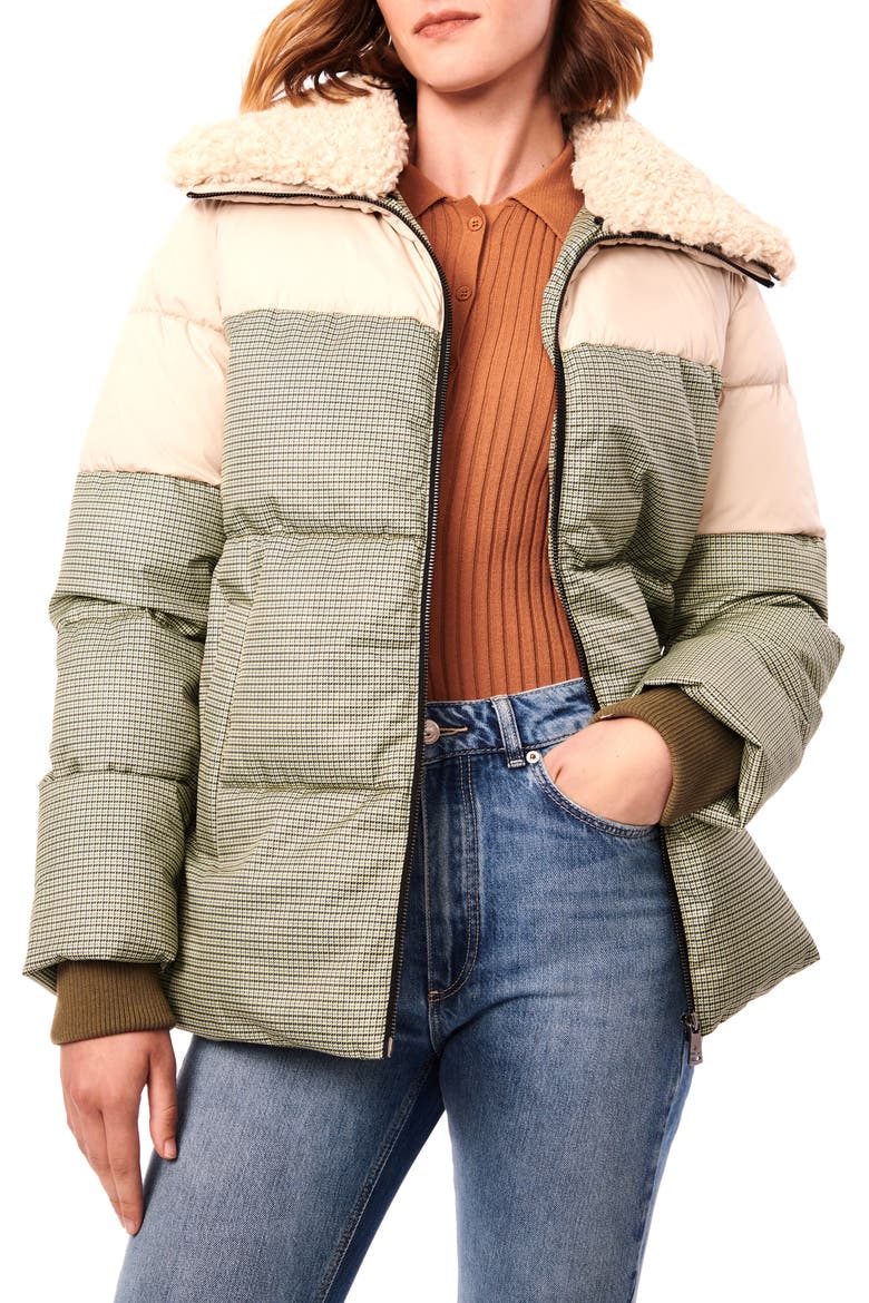 Mixed Media Faux Fur Trim Puffer Jacket, Main, color, GREEN MOONGLOW