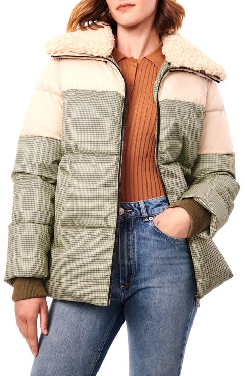 Mixed Media Faux Fur Trim Puffer Jacket