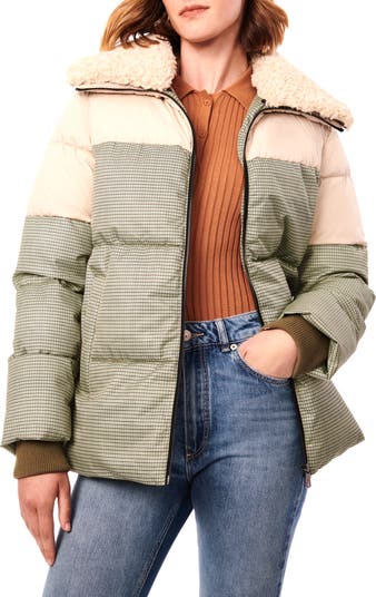 Mixed Media Faux Fur Trim Puffer Jacket