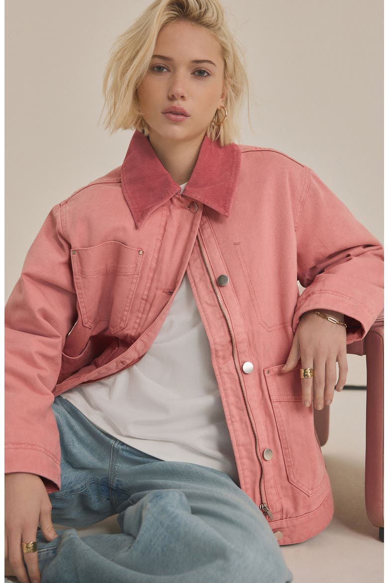 Corduroy Collar Zip Denim Jacket, Alternate, color, PINK