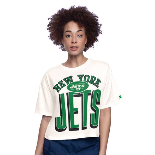 Starter White New York Jets Throwback Play The Ball Boxy Cropped T-shirt In Blue