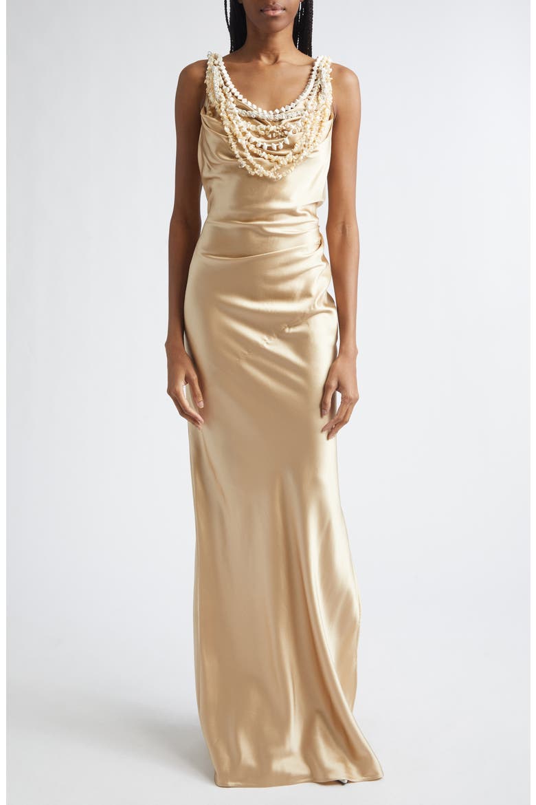 Shell Garland Draped Silk Gown, Main, color, GOLD/ BEIGE