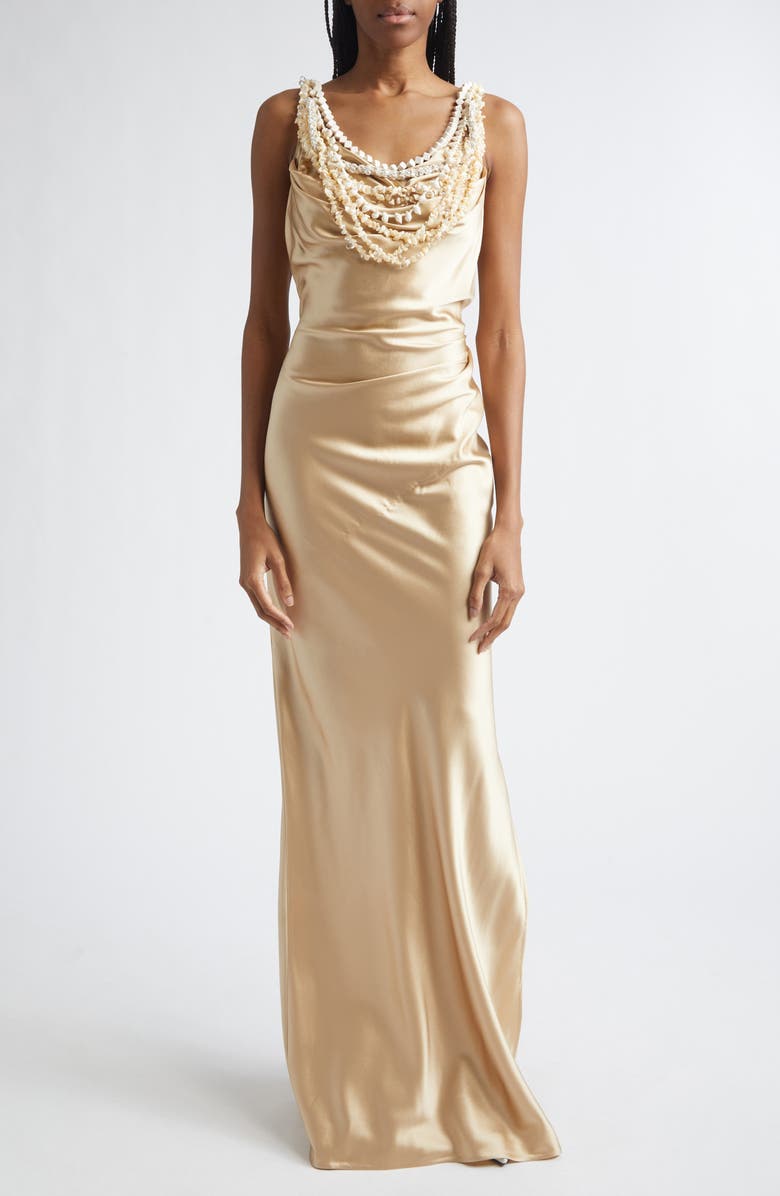 Balmain Shell Garland Draped Silk Gown, Main, color, Gold/ Beige