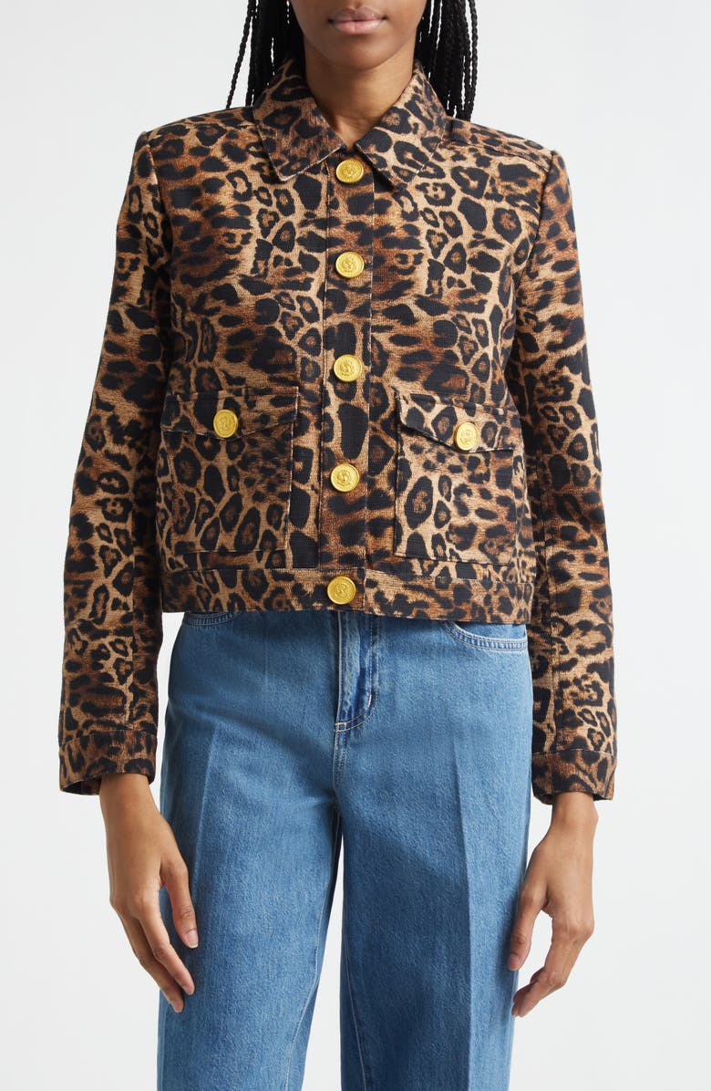 L'AGENCE Nyx Leopard Print Crop Jacket, Main, color, Brown Multi Patch Leopard