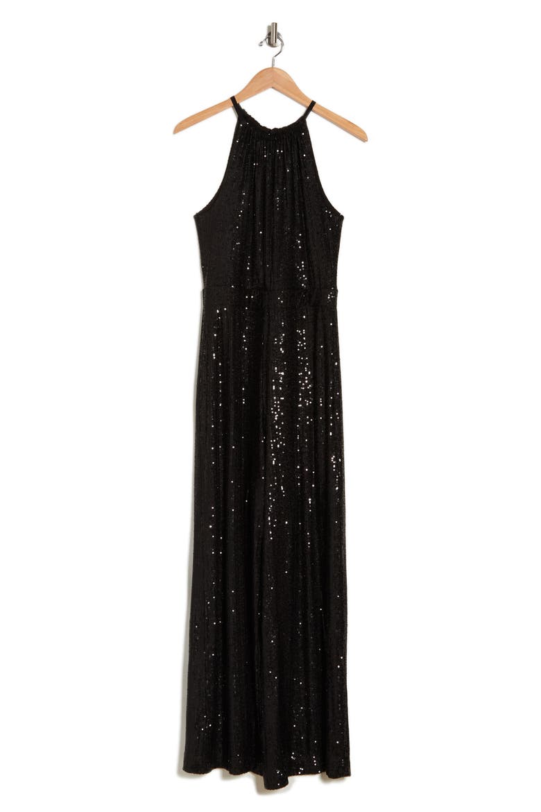 Sequin Halter Wide Leg Jumpsuit, Alternate, color, BLACK