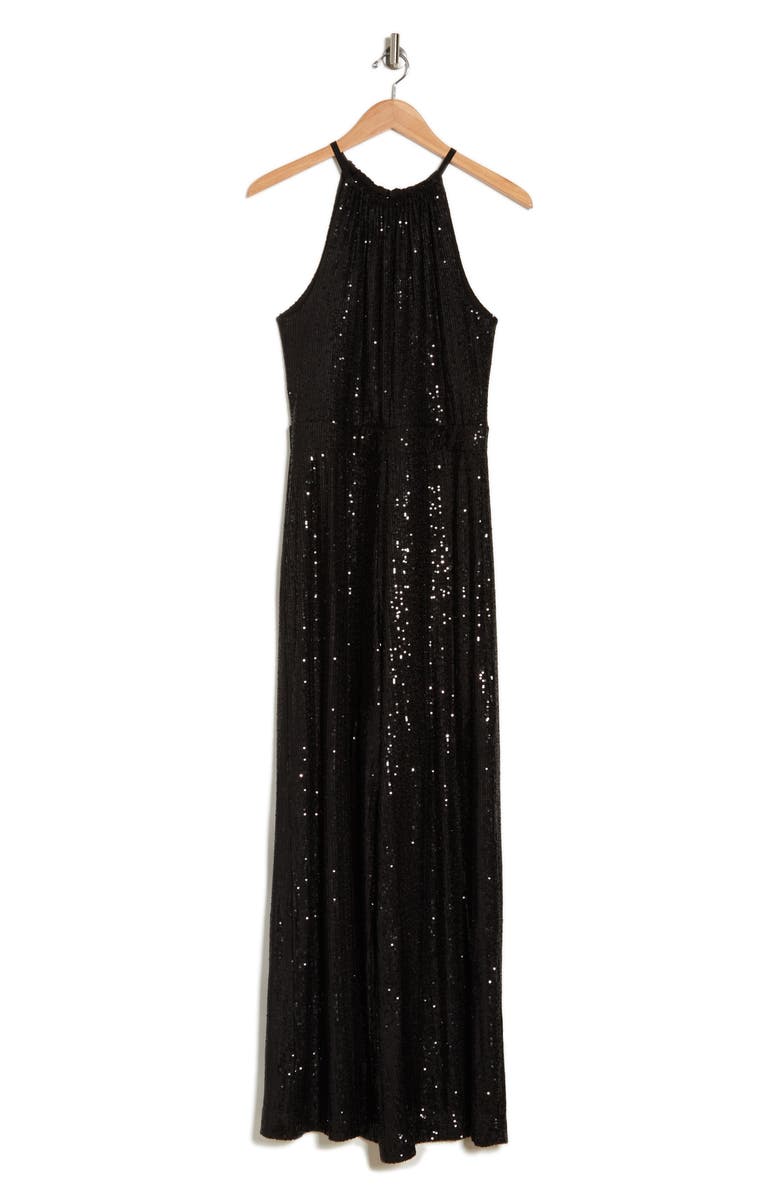 MAX STUDIO Sequin Halter Wide Leg Jumpsuit, Alternate, color, Black