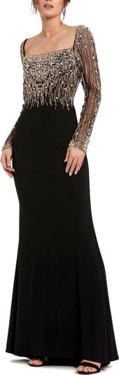 【MAC DUGGAL】ロングドレス 黒 ビーズ 長袖 スクエアネック MAC DUGGAL】ロングドレス 黒 ビーズ 長袖 スクエアネック (Mac