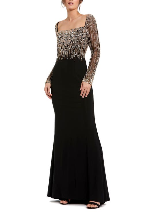 Mac Duggal Beaded Square Neck Long Sleeve Jersey Gown in Black Gold 