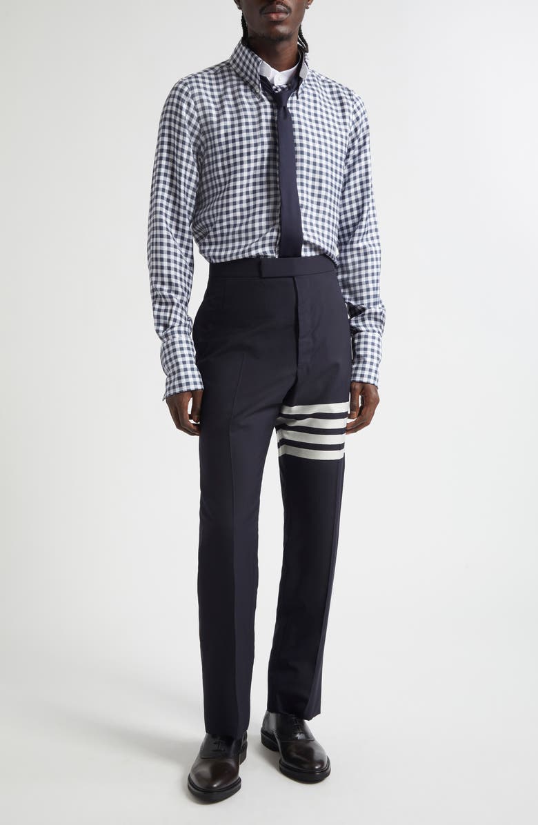 Thom Browne Gingham Straight Fit Convertible Silk Twill Button-Down Shirt, Alternate, color, Navy