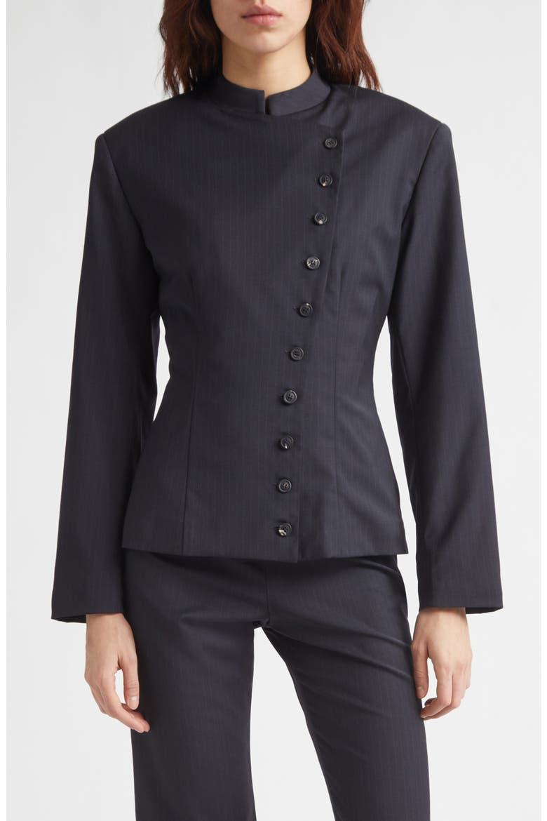 Banjo Asymmetric Stretch Pinstripe Jacket, Main, color, DARK GREY