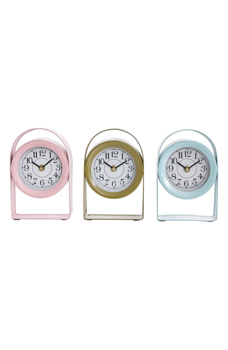 VIVIAN LUNE HOME Set of 3 Multicolored Metal Clocks, Main, color, Blue/ Pink/ Green Assorted