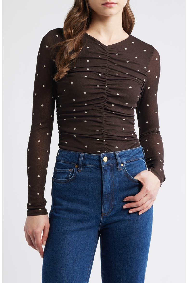 Georgina Dot Ruched Top, Main, color, COCOA POLKA DOTS