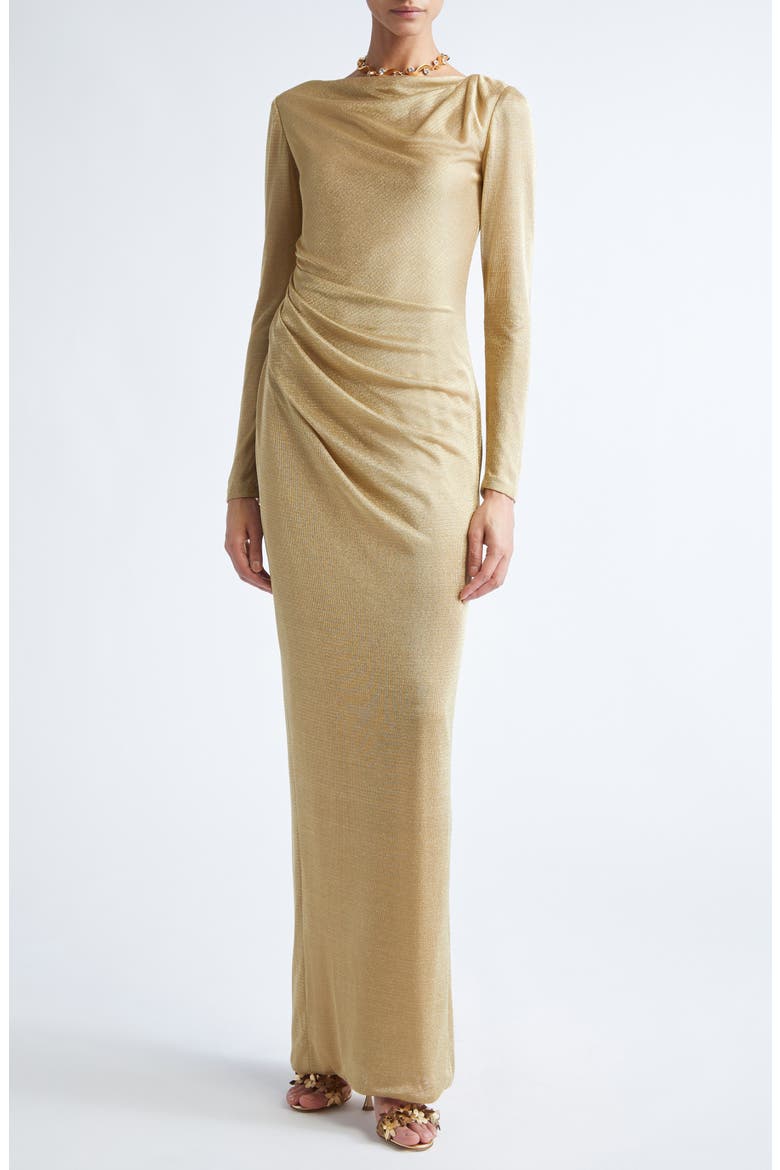 Draped Long Sleeve Metallic Jersey Gown, Main, color, GOLD