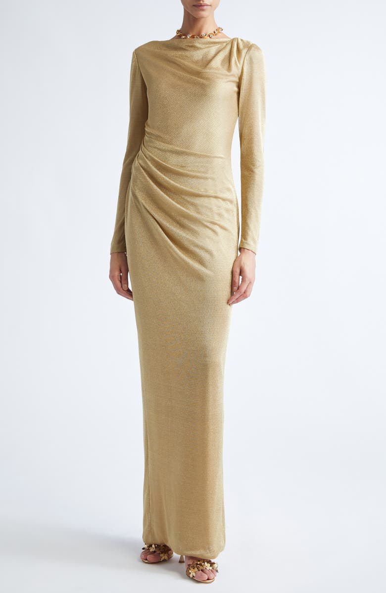 Oscar de la Renta Draped Long Sleeve Metallic Jersey Gown, Main, color, Gold