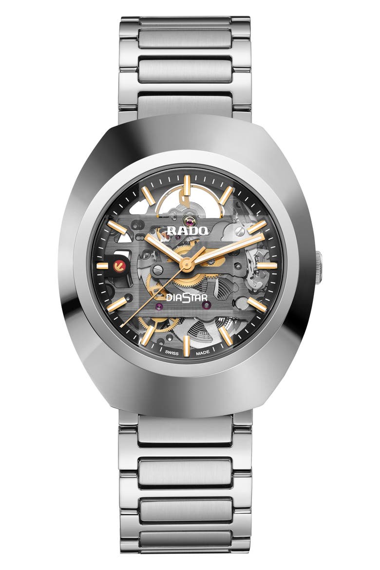 Diastar Skeleton Automatic Bracelet Watch, 38mm, Main, color, SILVER