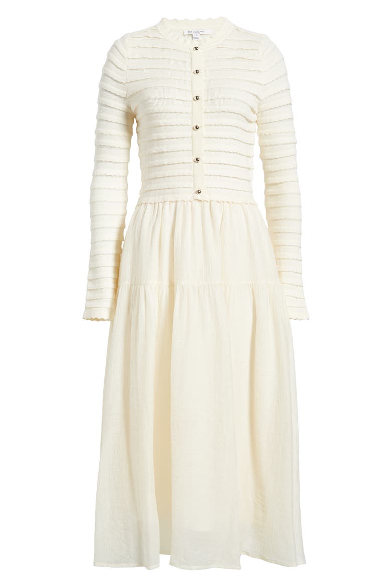 Mixed Media Long Sleeve Scallop Stitch Tiered Midi Dress, Alternate, color, IVORY