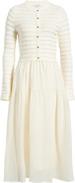 ZOE AND CLAIRE Mixed Media Long Sleeve Scallop Stitch Tiered Midi Dress