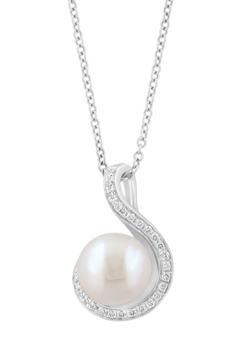Diamond & Freshwater Pearl Pendant Necklace, Main, color, WHITE