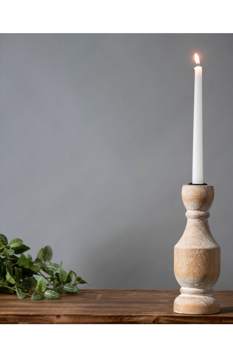 Foreside Home and Garden Natural Whitewashed Large Wood Taper Candle Holder, Alternate, color, Brown