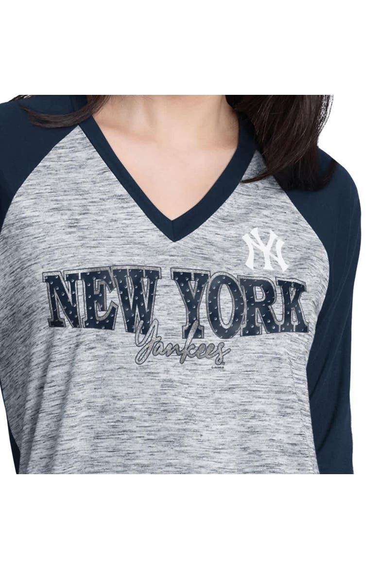 Women's G-III 4Her by Carl Banks Navy/Heather Navy New York Yankees Speed Training 3/4-Sleeve Rhinestone V-Neck T-Shirt, Alternate, color, Navy