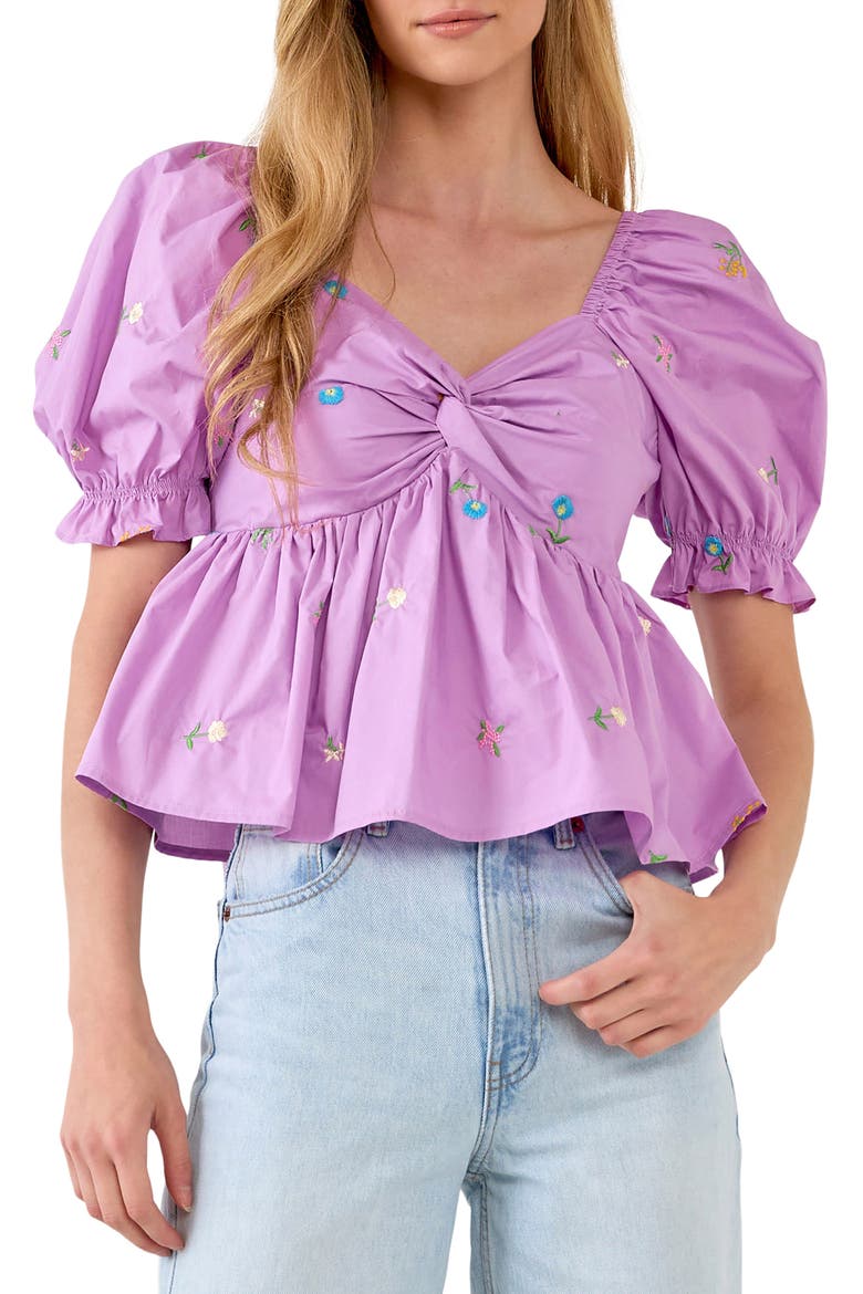 Floral Embroidered Puff Sleeve Babydoll Top, Main, color, PURPLE MULTI