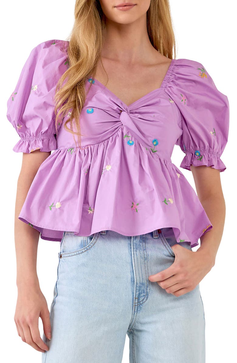 English Factory Floral Embroidered Puff Sleeve Babydoll Top, Main, color, Purple Multi
