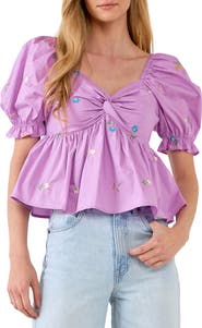 English Factory Floral Embroidered Puff Sleeve Babydoll Top