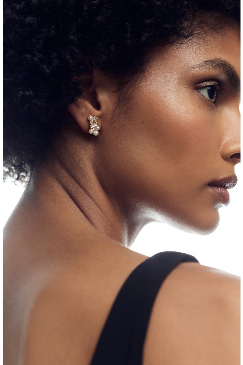 Mae Zoroya Faux Pearl & Crystal Stud Earrings, Alternate, color, GOLD TONE / PEARL / CLEAR