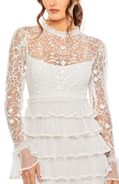Mac Duggal Embroidered Long Sleeve Ruffled Tiered Gown In Pearl