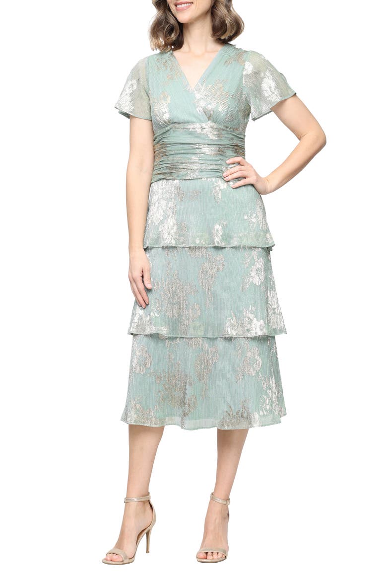 Foil Plissé Midi Dress, Main, color, SAGE / GOLD