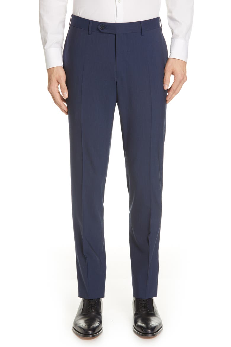 Flat Front Classic Fit Solid Stretch Wool Dress Pants, Main, color, NAVY