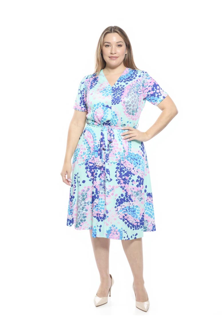 Curvy Essential V-Neck Short Sleeve A-Line Midi Dress, Main, color, Blue Multi