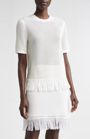 FERRAGAMO Open Knit Fringe Short Sleeve Virgin Wool Sweater