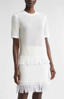 Open Knit Fringe Short Sleeve Virgin Wool Sweater